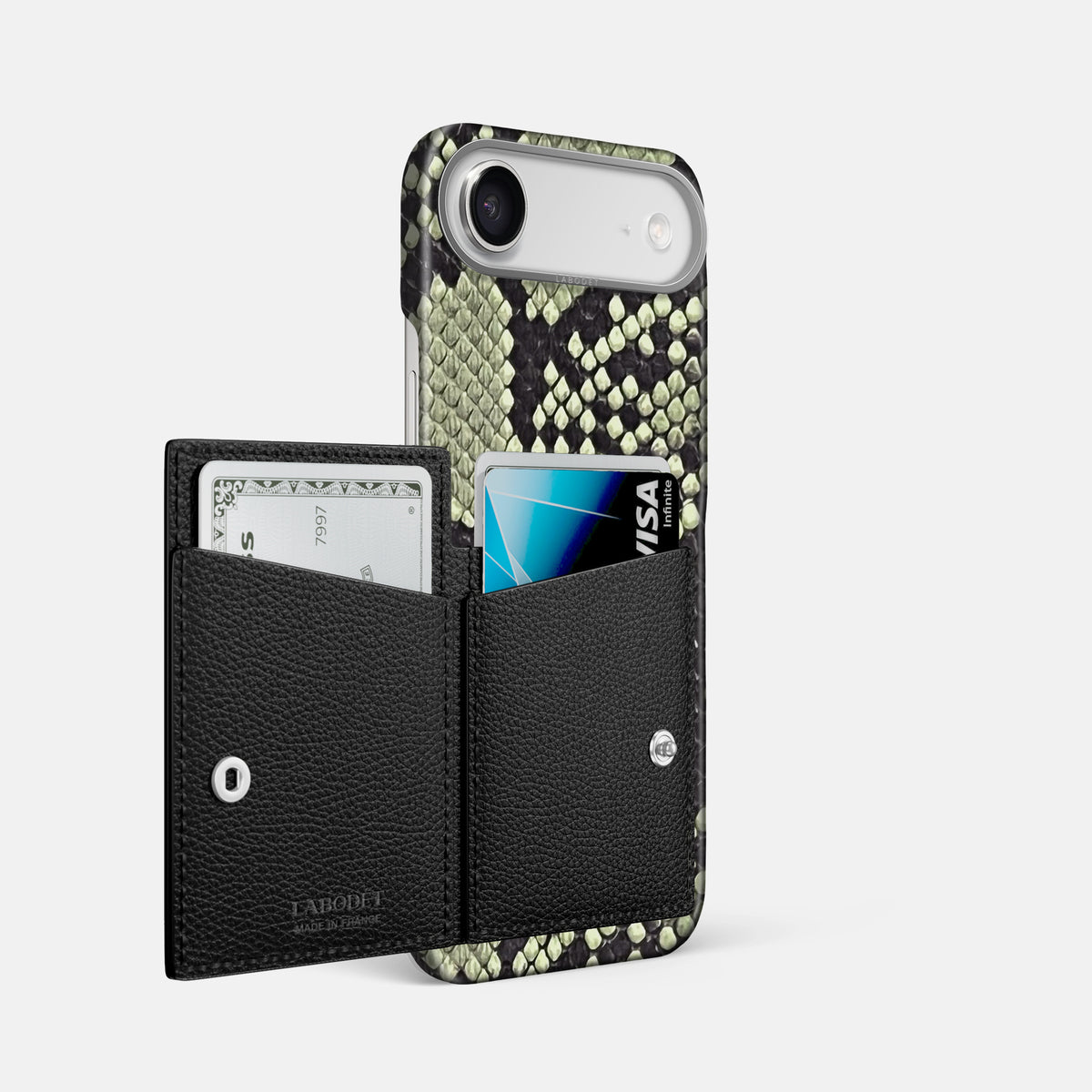 Bi-Fold Case For iPhone 17 Air In Deluxe Python -2 | Army-Green-Steel