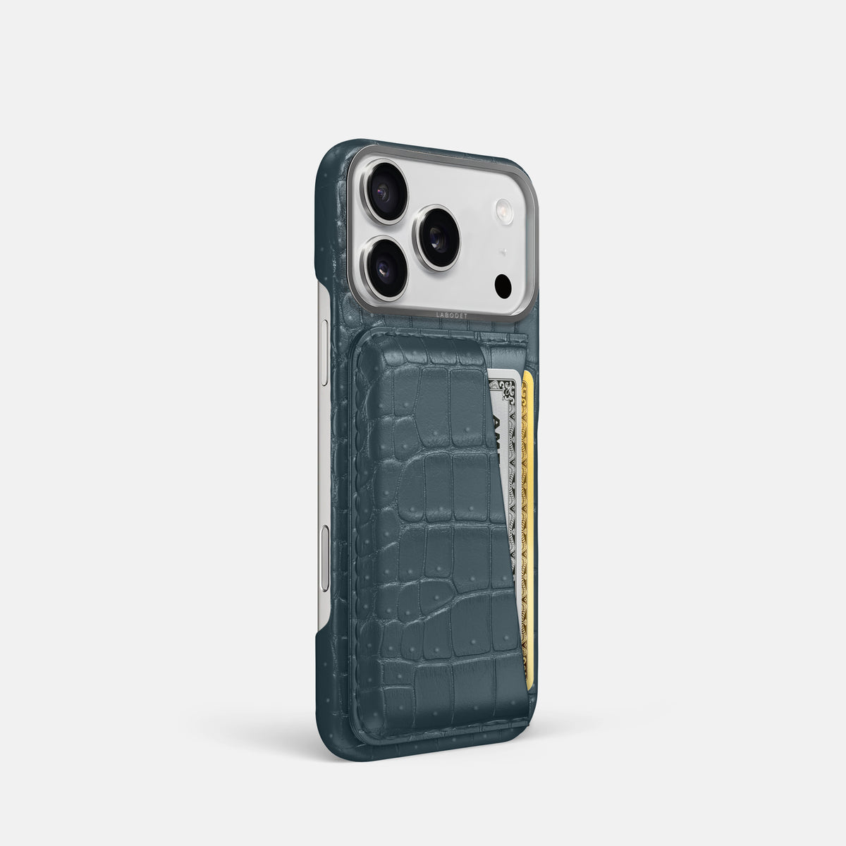 Double Card Case For iPhone 17 Pro In Porosus Crocodile -2 | Denim-Steel