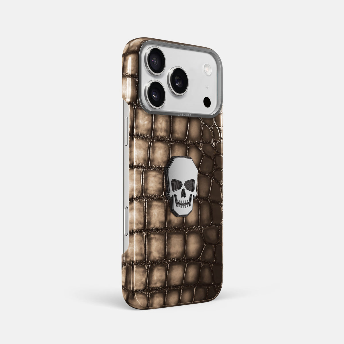 Classic Case With Titanium Skull For iPhone 18 Pro Max In Patina Alligator -2 | Etoupe-Steel