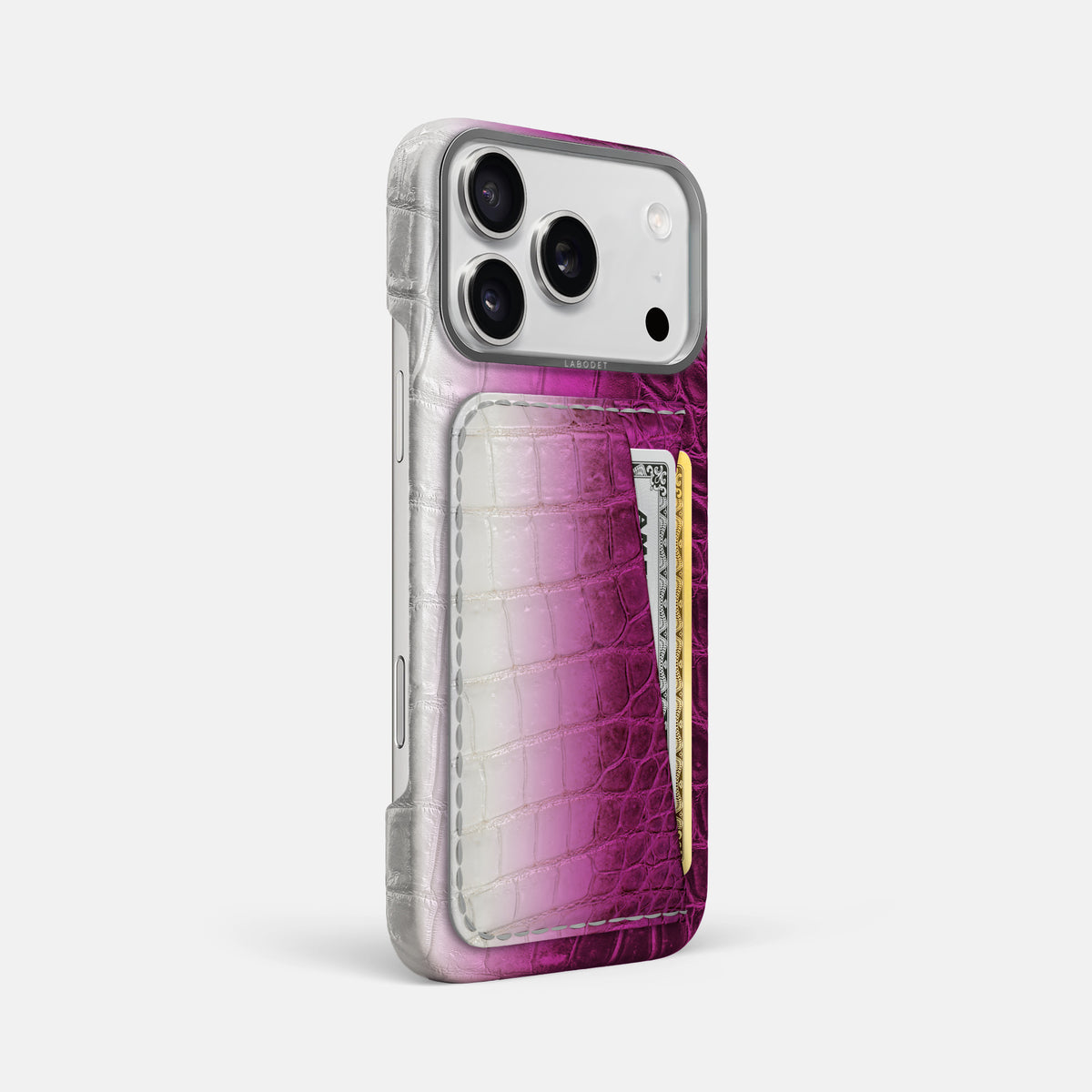 Double Card Case For iPhone 17 Pro Max In Himalayan Crocodile -2 | Fuchsia-Steel
