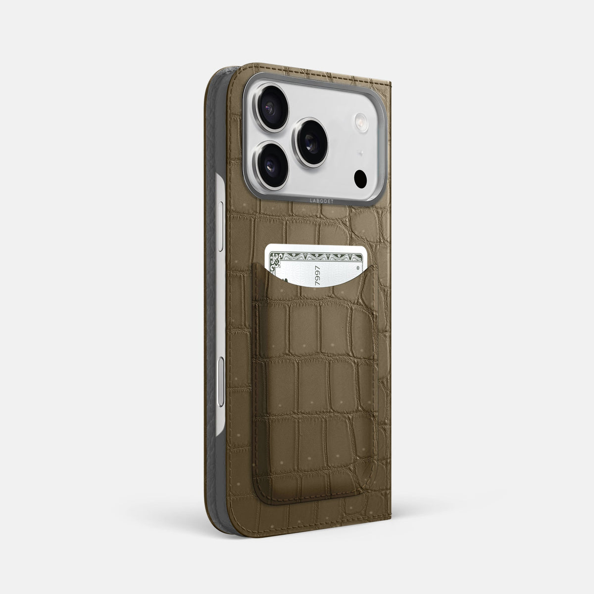 Folio Case with Card For iPhone 18 Pro Max In Porosus Crocodile -1 | Kaki-Green-Steel