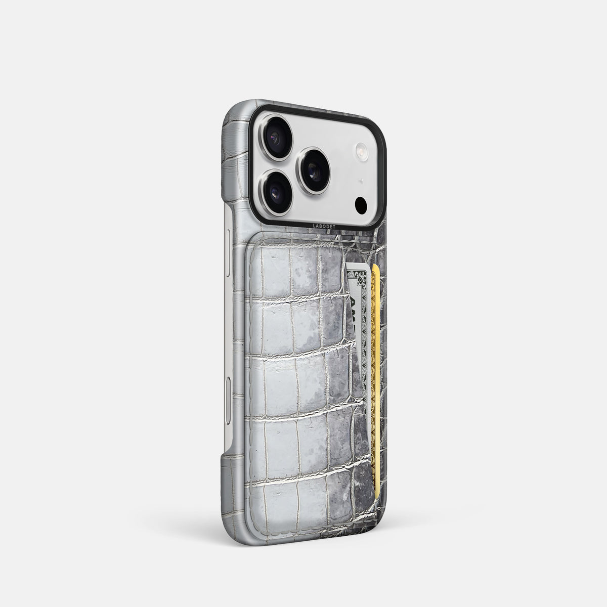 Double Card Case For iPhone 17 Pro In Himalayan Crocodile -2 | Silver-Black