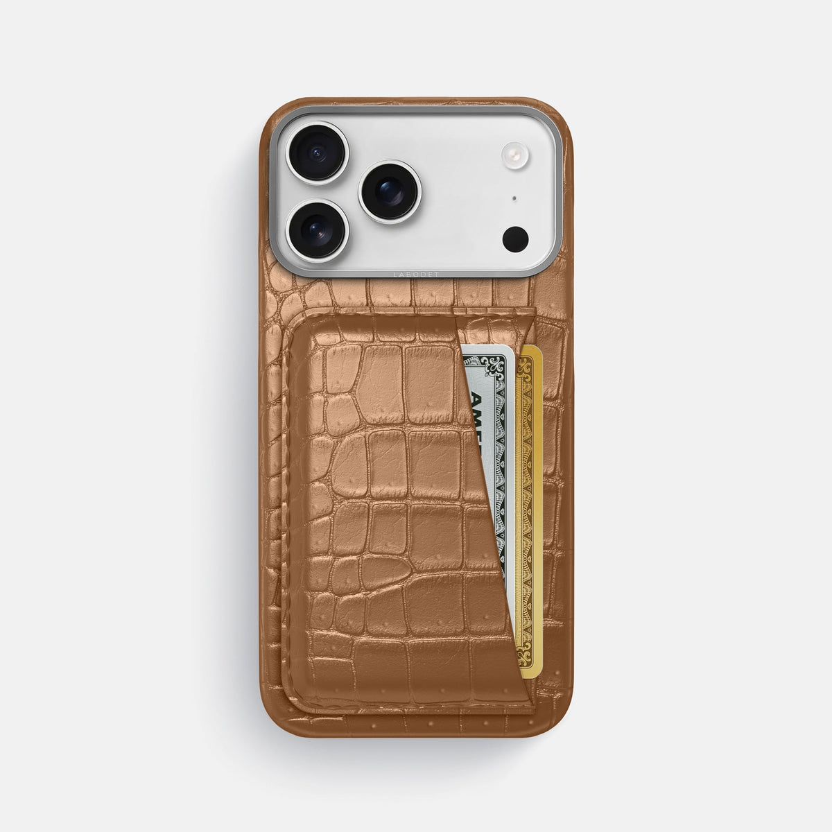 Double Card Case For iPhone 18 Pro Max In Porosus Crocodile -1 | Milk-Chocolate-Steel