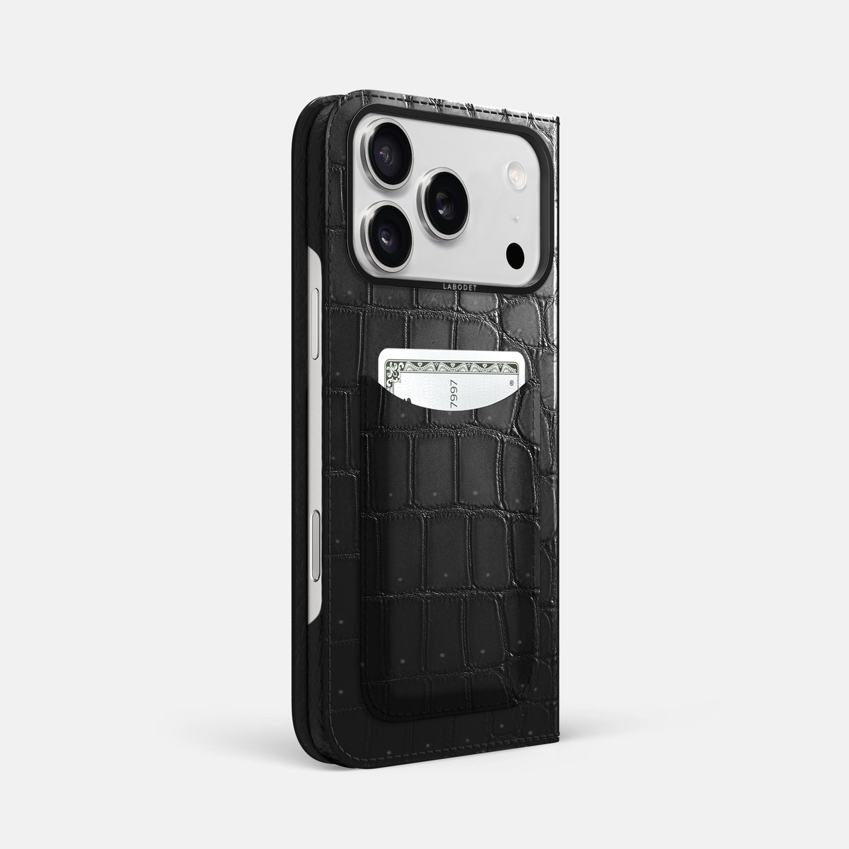 Folio Case with Card For iPhone 17 Pro Max In Porosus Crocodile -1 | Shiny-Black-Black