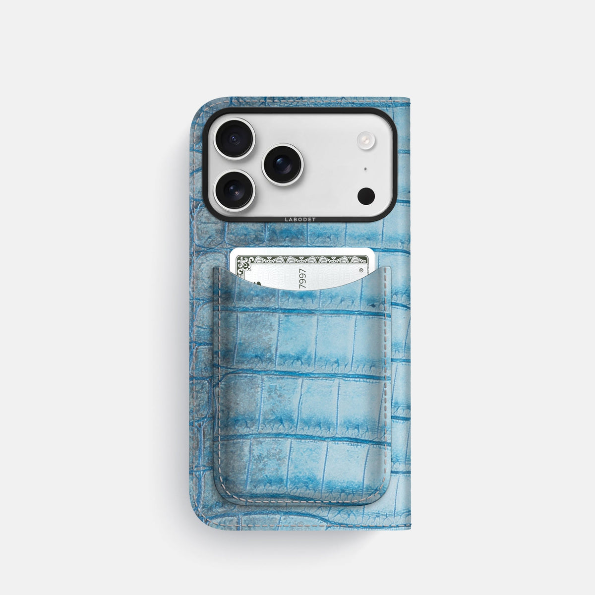 Folio Case with Card For iPhone 18 Pro In Himalayan Crocodile -3 | Ice-Blue-Black