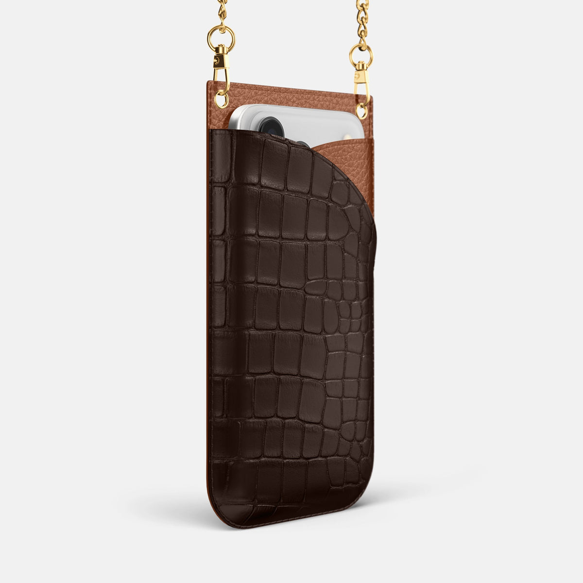 Crossbody Bag For iPhone 18 Pro In Alligator -2 | Dark-Brown-Gold