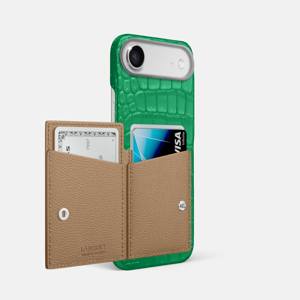 Bi-Fold Case For iPhone 17 Air In Porosus Crocodile -2 | Cactus-Green-Steel