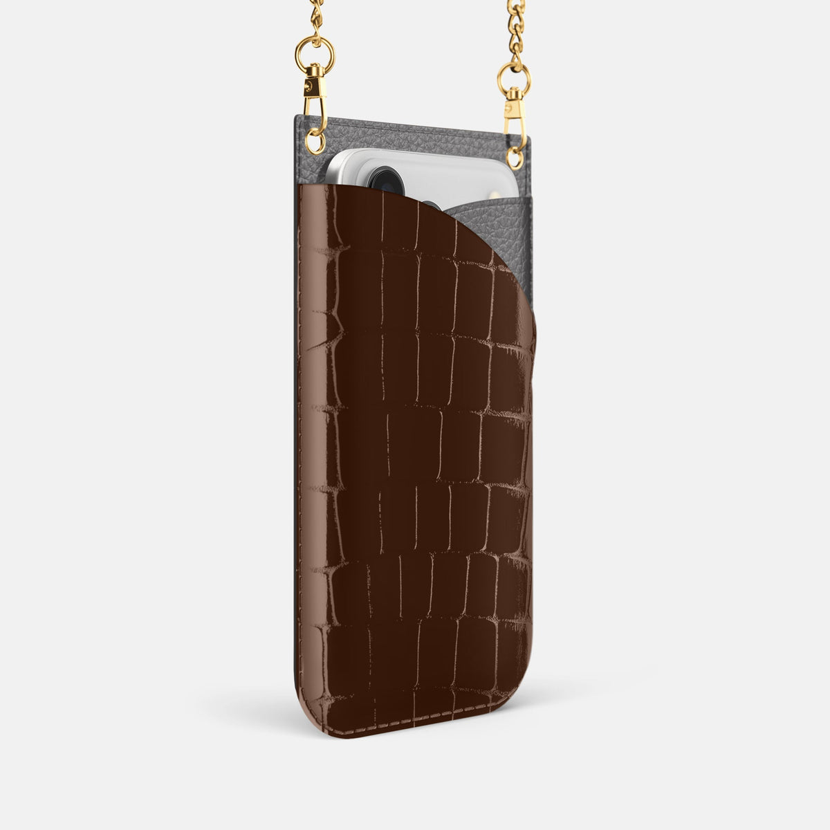 Crossbody Bag For iPhone 18 Pro In Shiny Alligator -2 | Brown-Gold