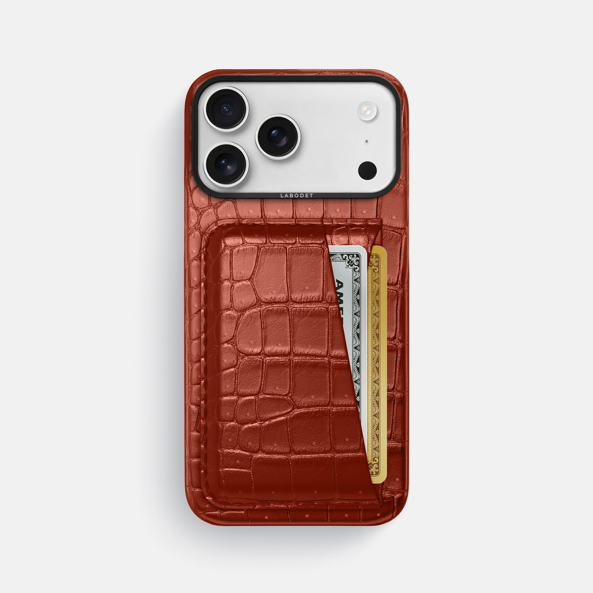 Double Card Case For iPhone 17 Pro Max In Porosus Crocodile -1 | Mahogany-Brown-Black