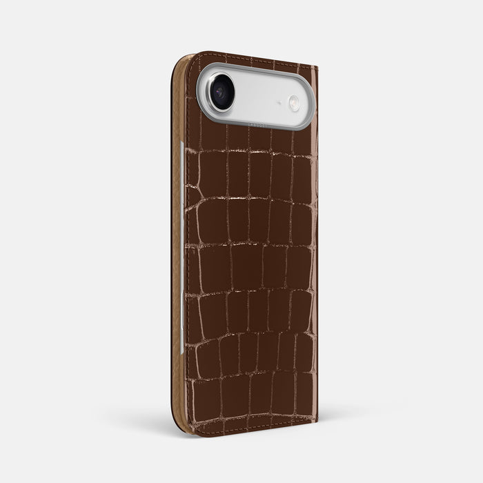 Folio Case For iPhone 17 Air In Shiny Alligator -1 | Brown-Steel