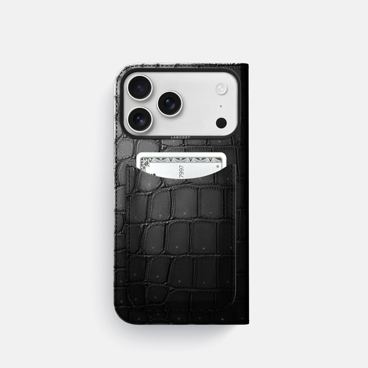 Folio Case with Card For iPhone 18 Pro In Porosus Crocodile -3 | Shiny-Black-Black