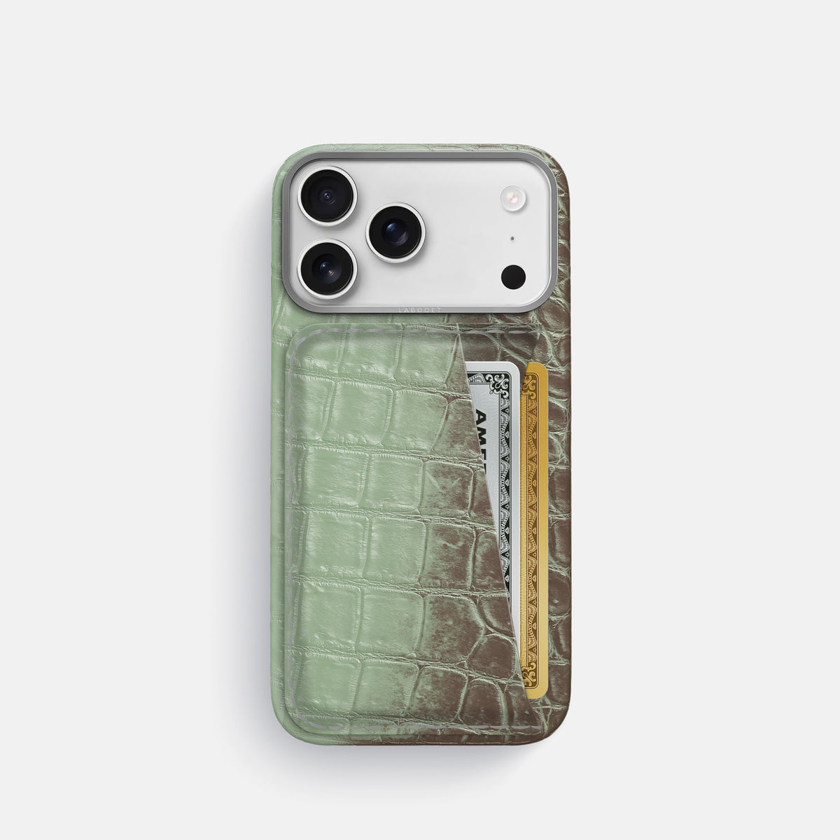 Double Card Case For iPhone 17 Pro In Himalayan Crocodile -1 | Pistachio-Steel