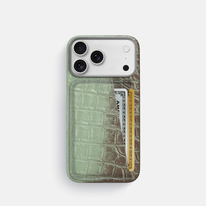 Double Card Case For iPhone 17 Pro In Himalayan Crocodile -1 | Pistachio-Steel