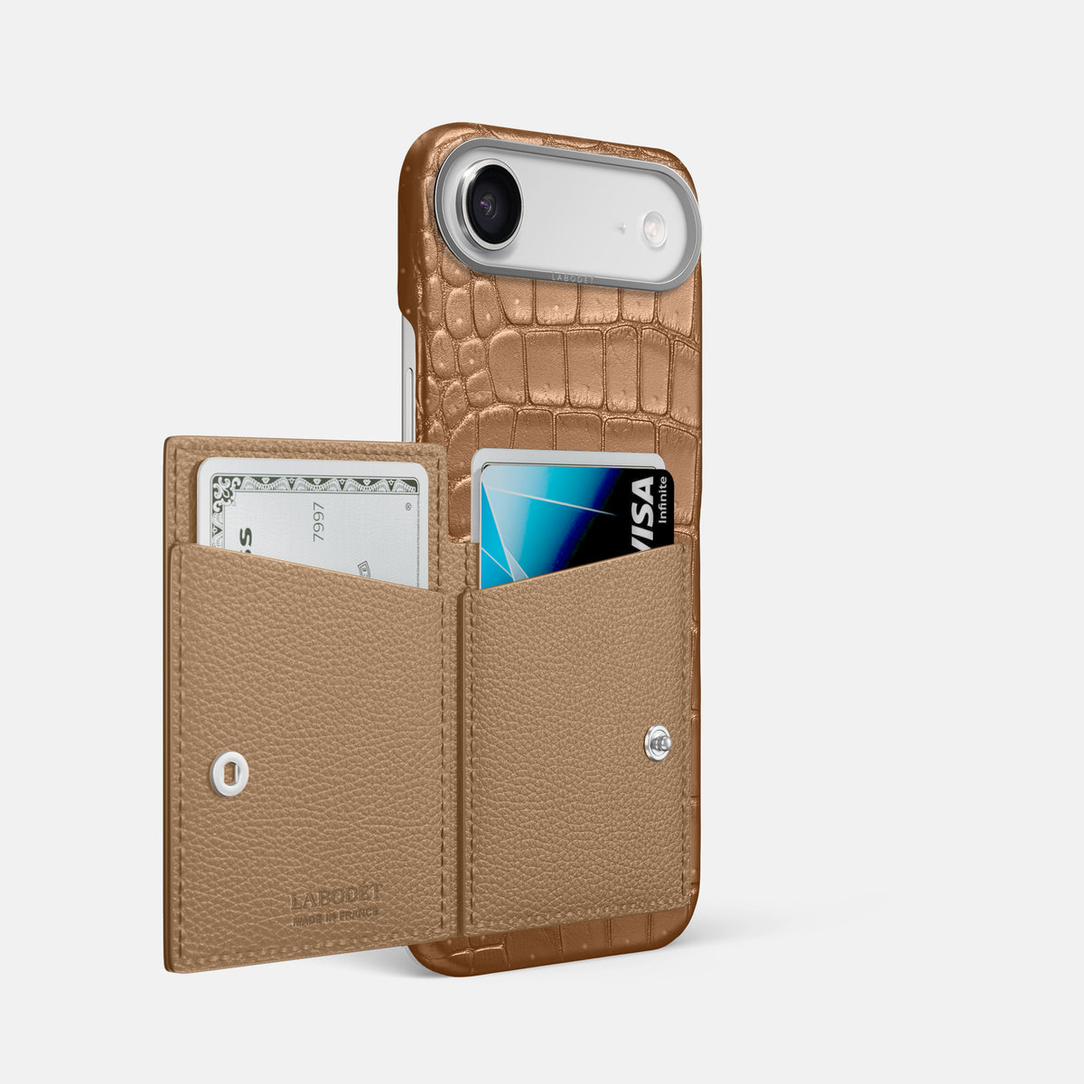 Bi-Fold Case For iPhone 17 Air In Porosus Crocodile -2 | Milk-Chocolate-Steel
