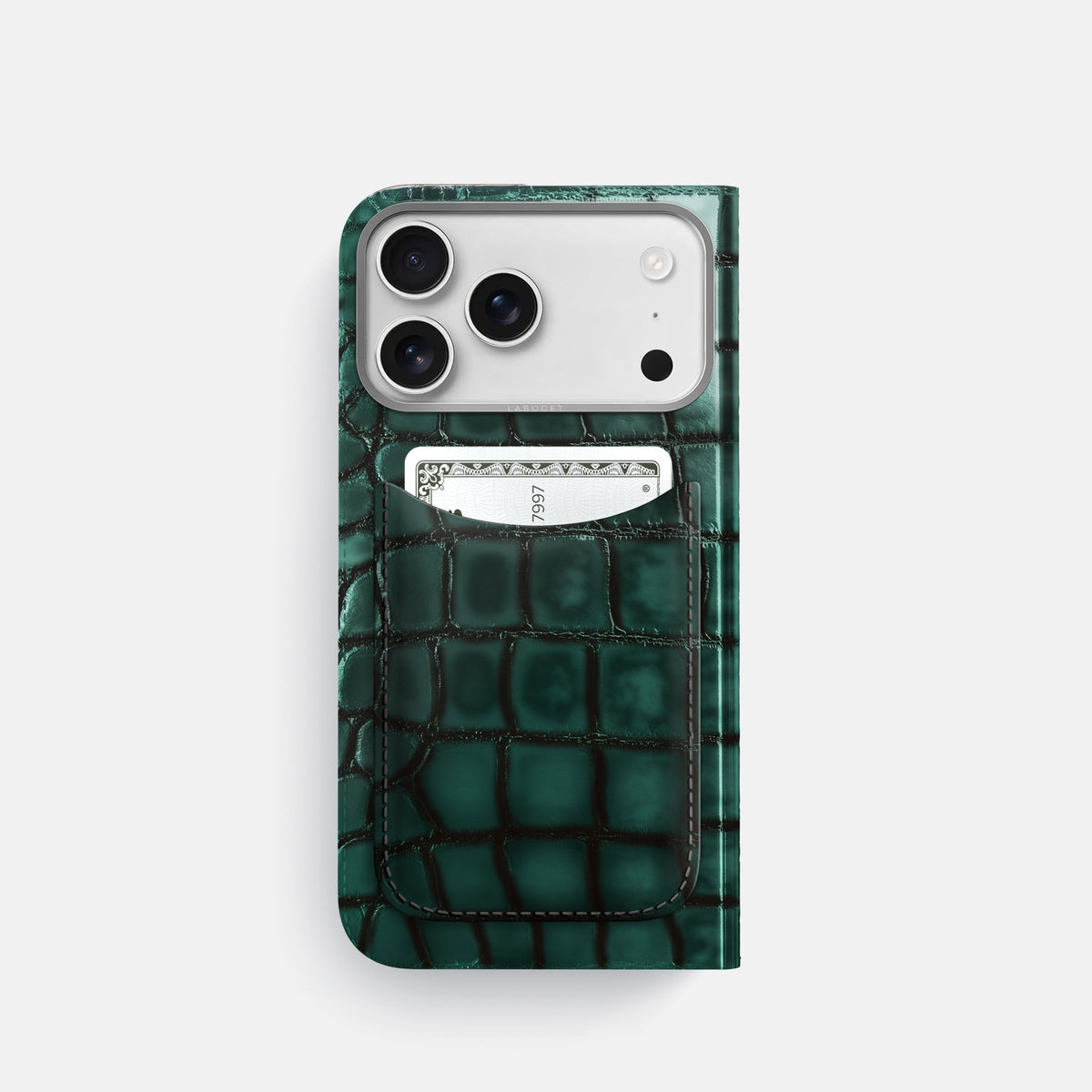 Folio Case with Card For iPhone 18 Pro In Patina Alligator -3 | Green-Steel