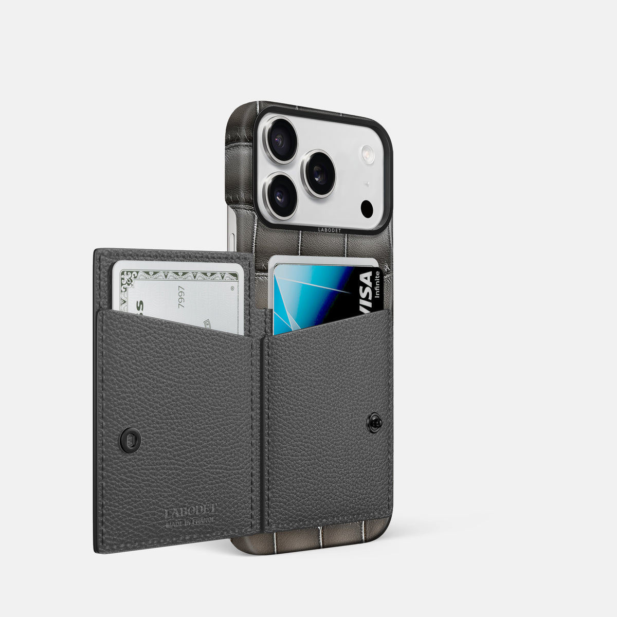 Bi-Fold Case For iPhone 17 Pro In Patina Alligator -2 | Grey-Black