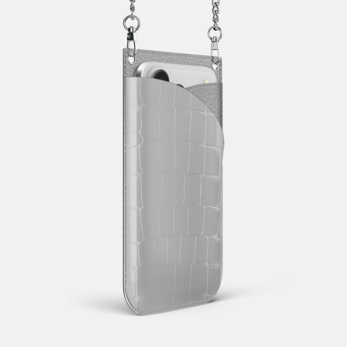 Crossbody Bag For iPhone 18 Pro Max In Shiny Alligator -2 | White-Steel