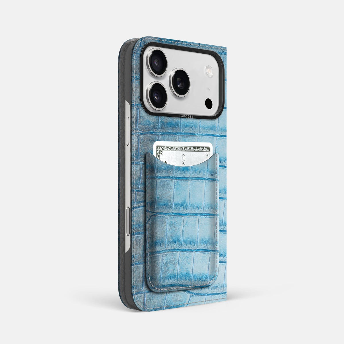 Folio Case with Card For iPhone 18 Pro Max In Himalayan Crocodile -1 | Ice-Blue-Black