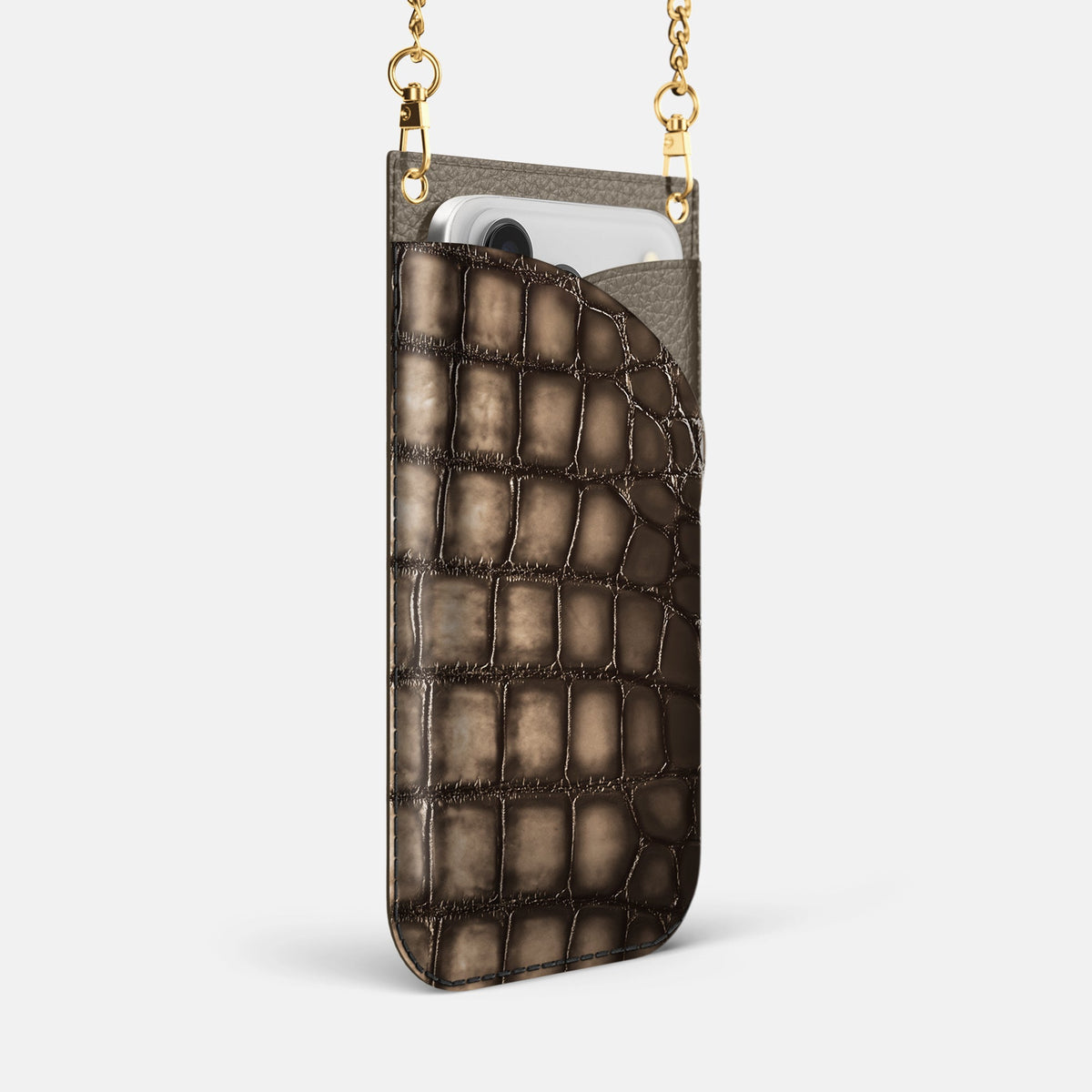 Crossbody Bag For iPhone 18 Pro Max In Patina Alligator -2 | Etoupe-Gold