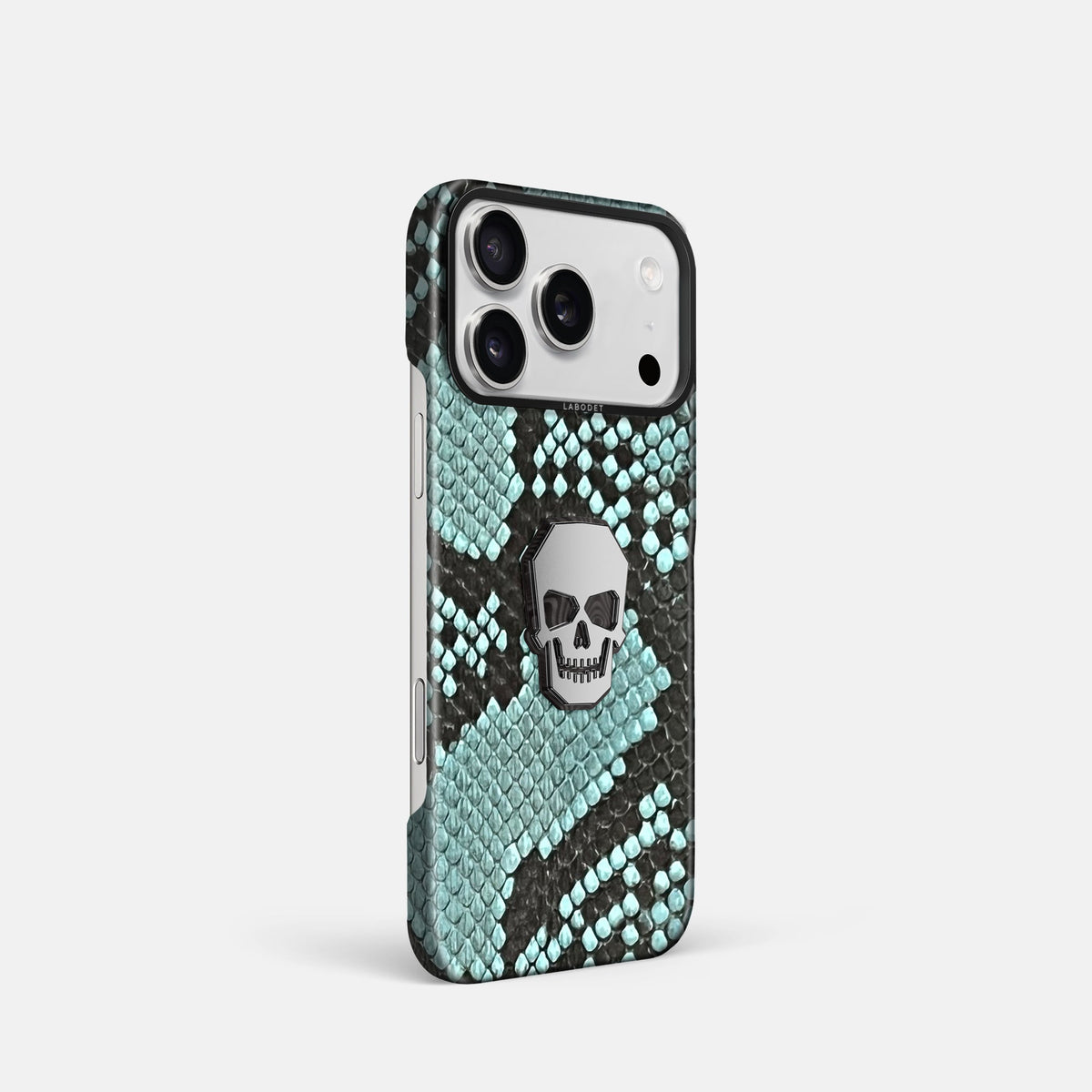 Classic Case With Titanium Skull For iPhone 18 Pro In Deluxe Python -2 | Blue-Lagoon-Black