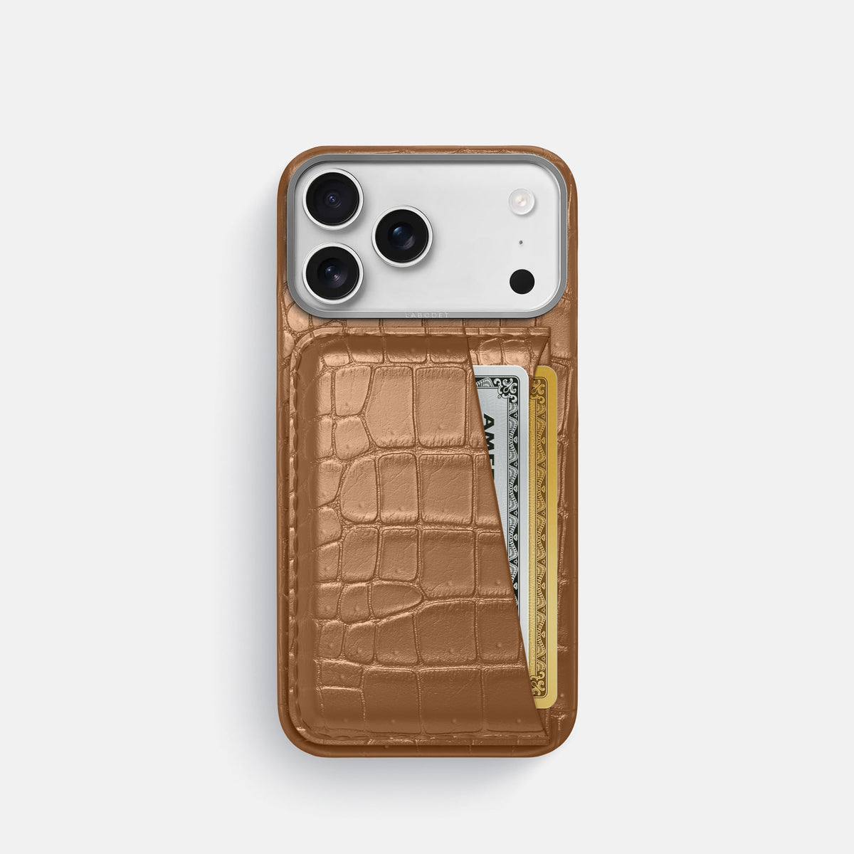 Double Card Case For iPhone 18 Pro In Porosus Crocodile -1 | Milk-Chocolate-Steel