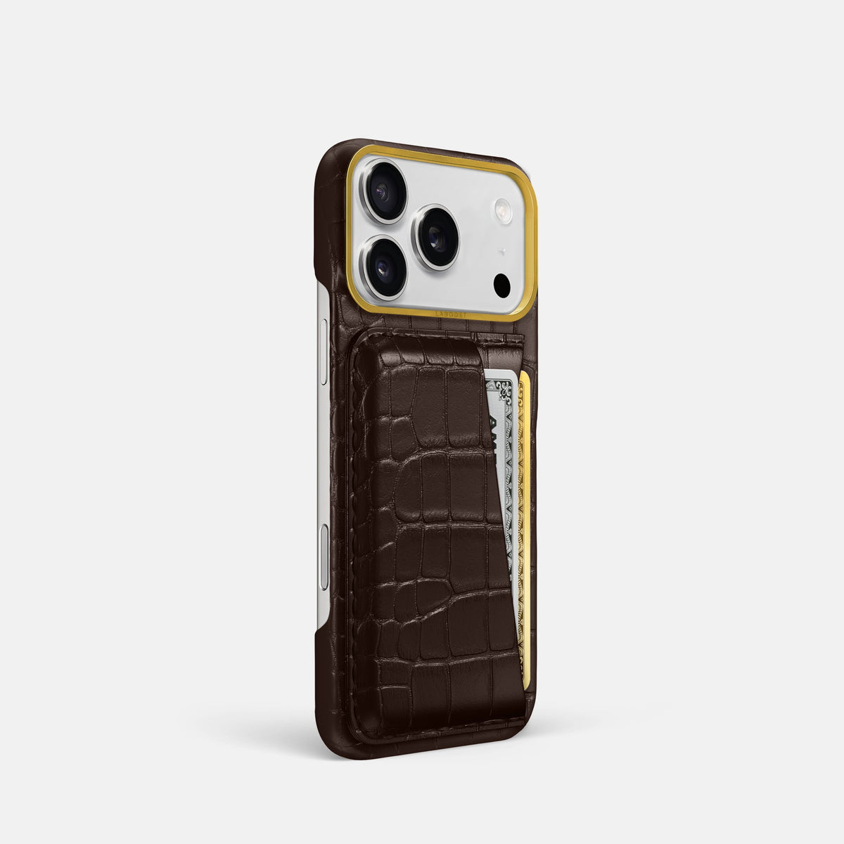 Double Card Case For iPhone 18 Pro In Alligator -2 | Dark-Brown-Gold