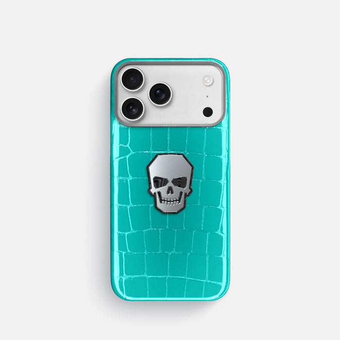 Classic Case With Titanium Skull For iPhone 18 Pro In Shiny Alligator -1 | Mint-Steel