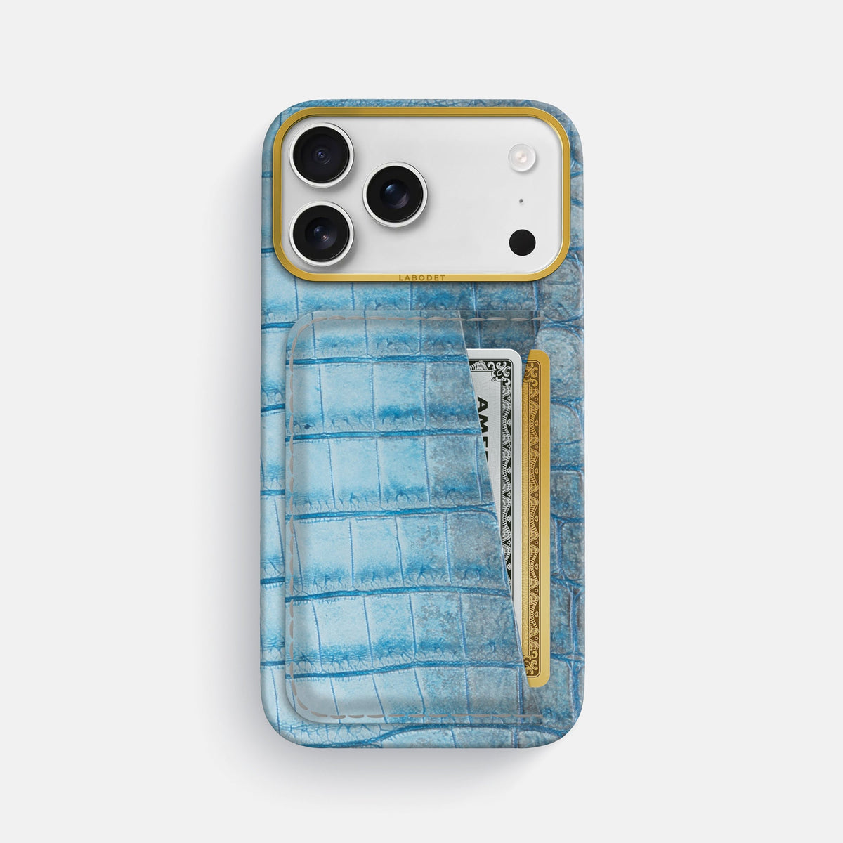 Double Card Case For iPhone 18 Pro Max In Himalayan Crocodile -1 | Ice-Blue-Gold