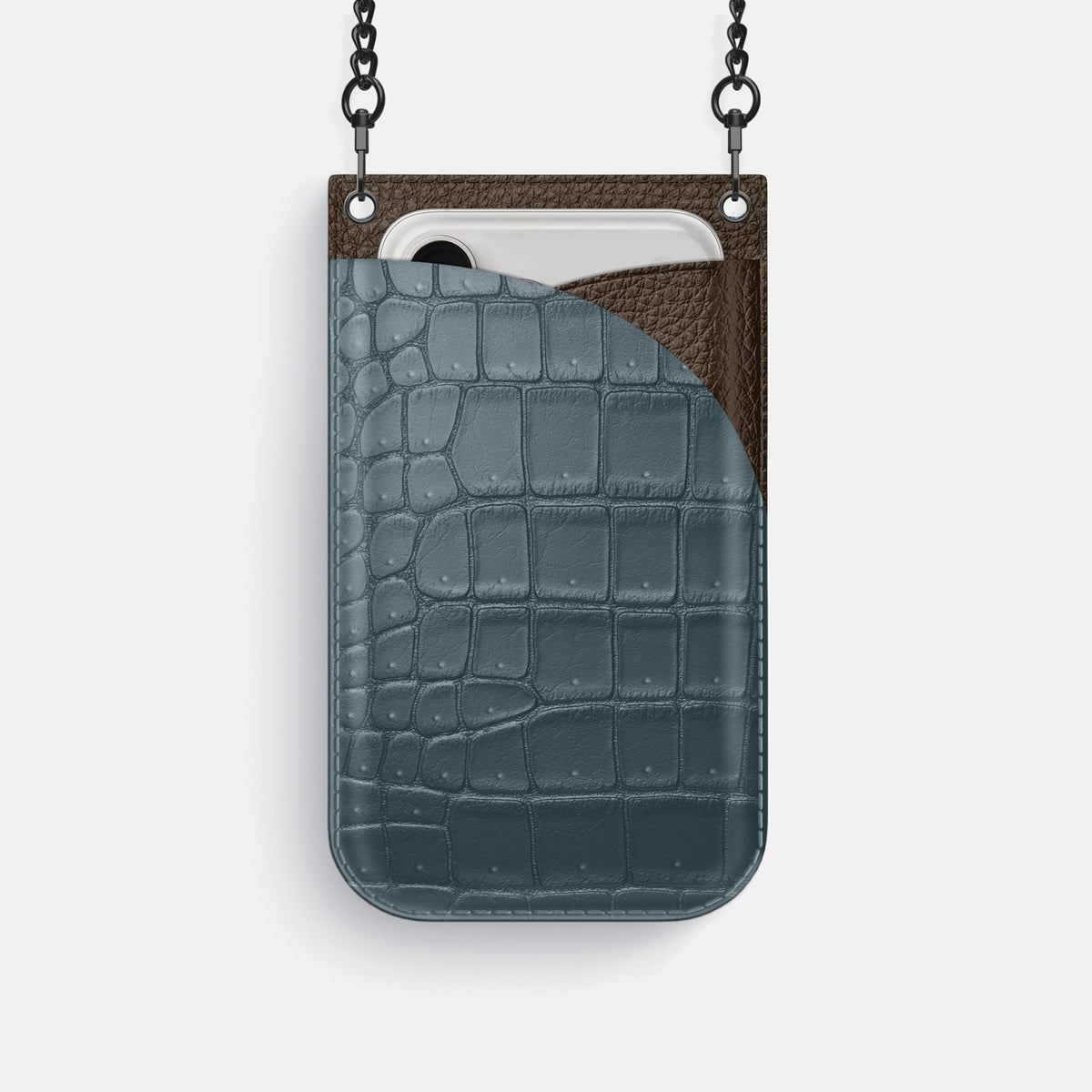 Crossbody Bag For iPhone 18 Pro In Porosus Crocodile -1 | Denim-Black