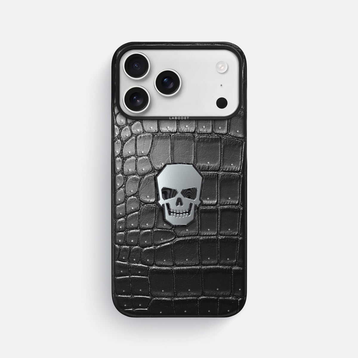 Classic Case With Titanium Skull For iPhone 18 Pro Max In Porosus Crocodile -1 | Shiny-Black-Black