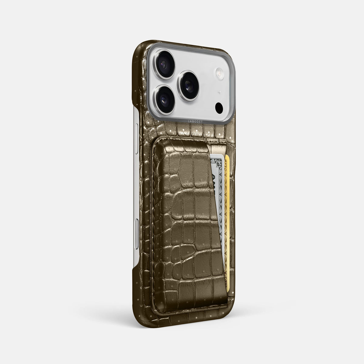 Double Card Case For iPhone 18 Pro Max In Porosus Crocodile -2 | Bronze-Steel