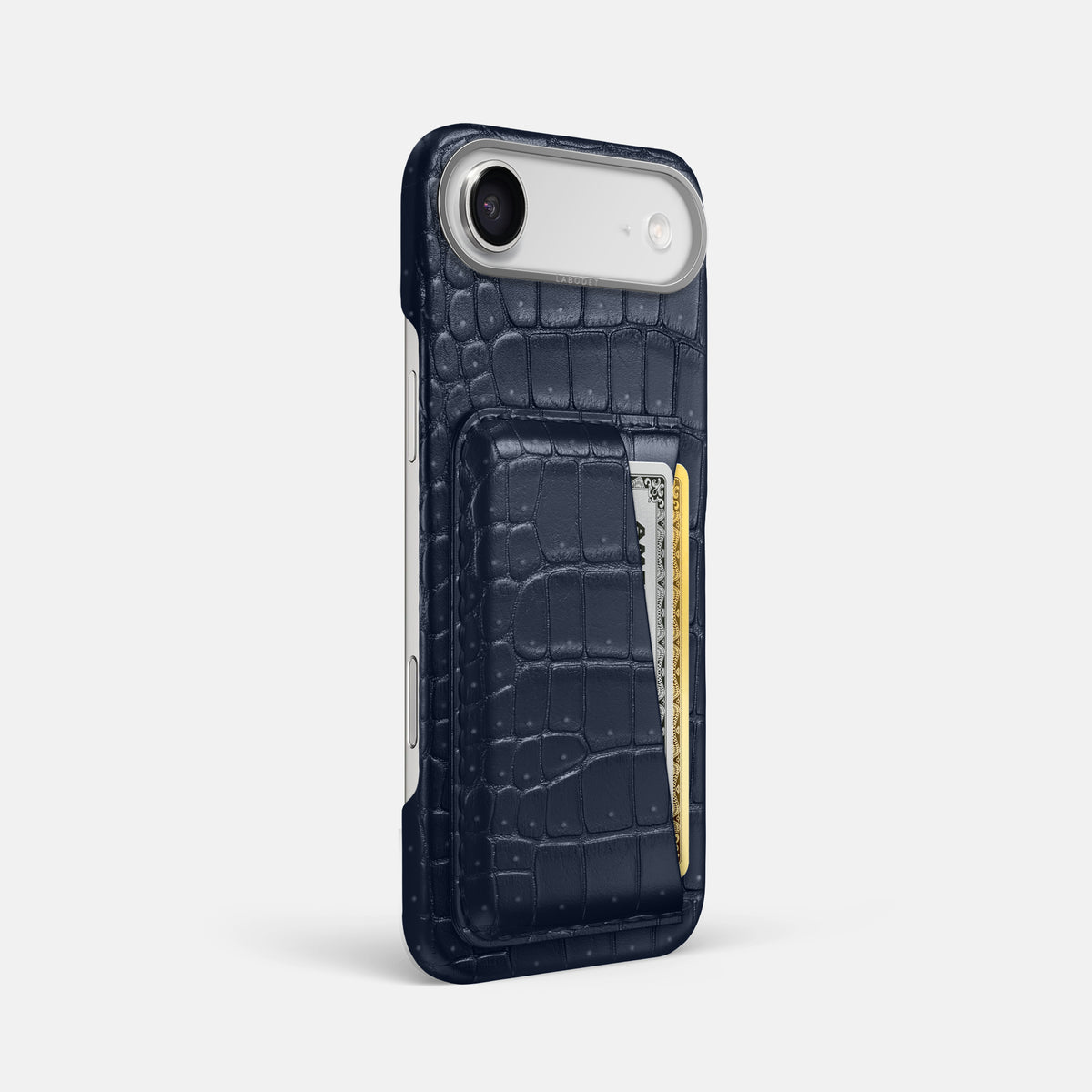 Double Card Case For iPhone 17 Air In Porosus Crocodile -2 | Deep-Blue-Sea-Steel
