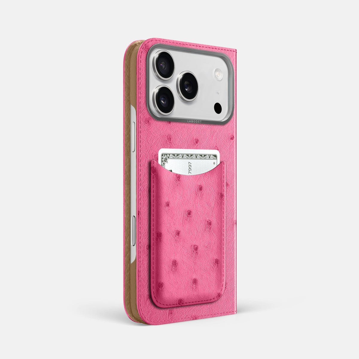 Folio Case with Card For iPhone 18 Pro Max In Ostrich -1 | Pink-Steel
