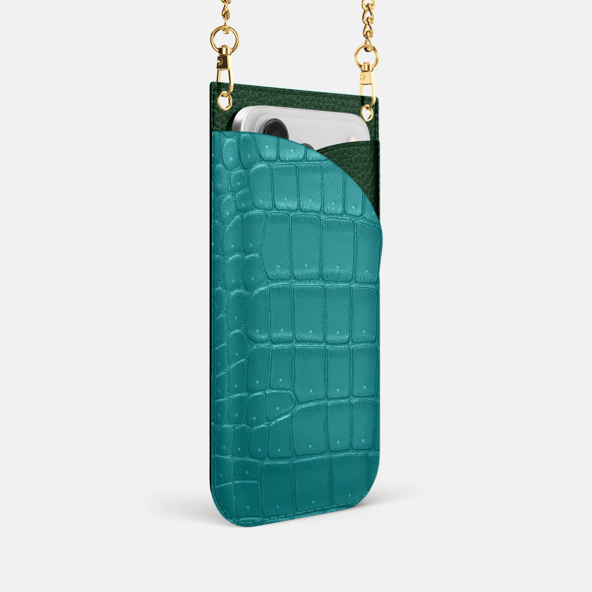 Crossbody Bag For iPhone 18 Pro In Porosus Crocodile -2 | Celadon-Gold