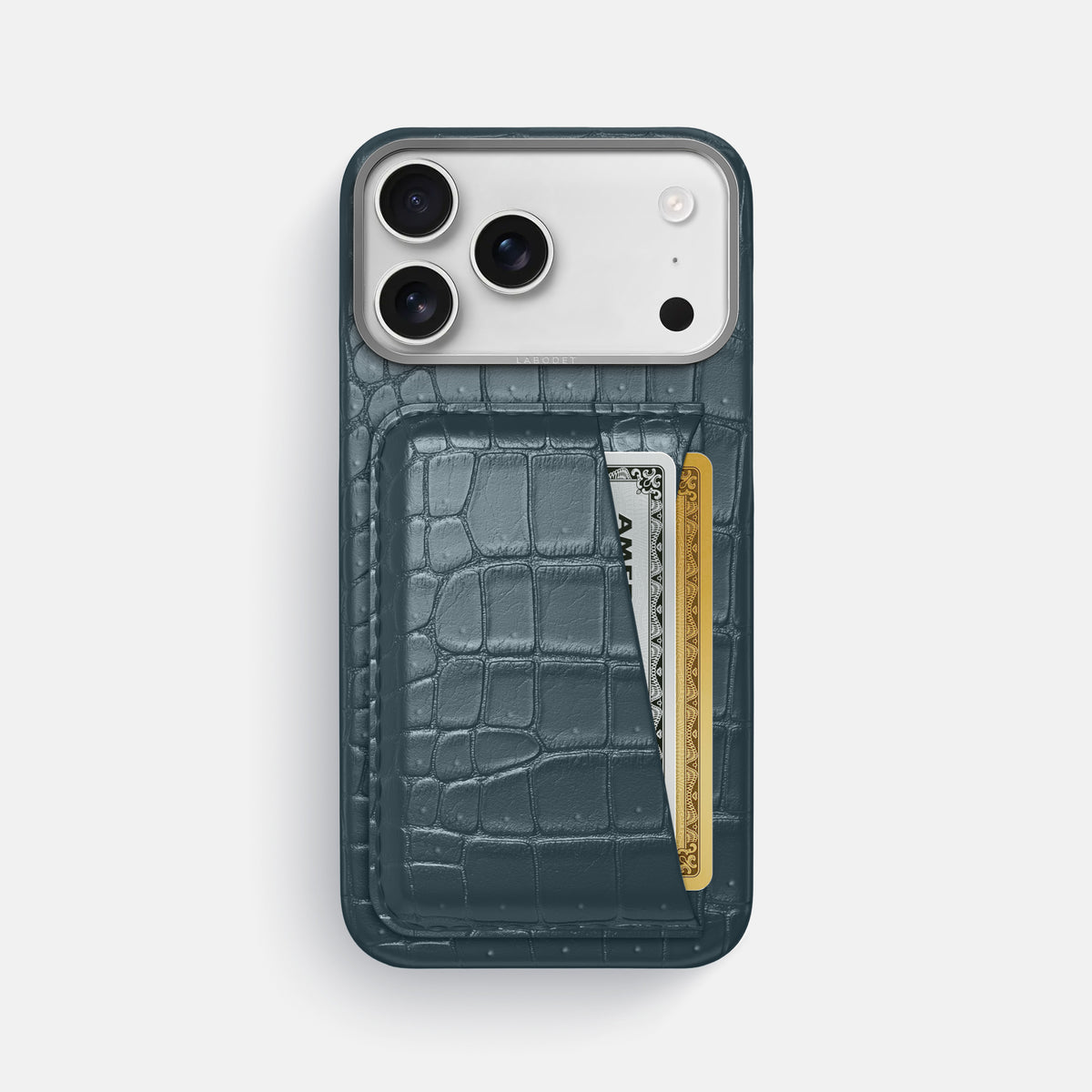 Double Card Case For iPhone 17 Pro Max In Porosus Crocodile -1 | Denim-Steel