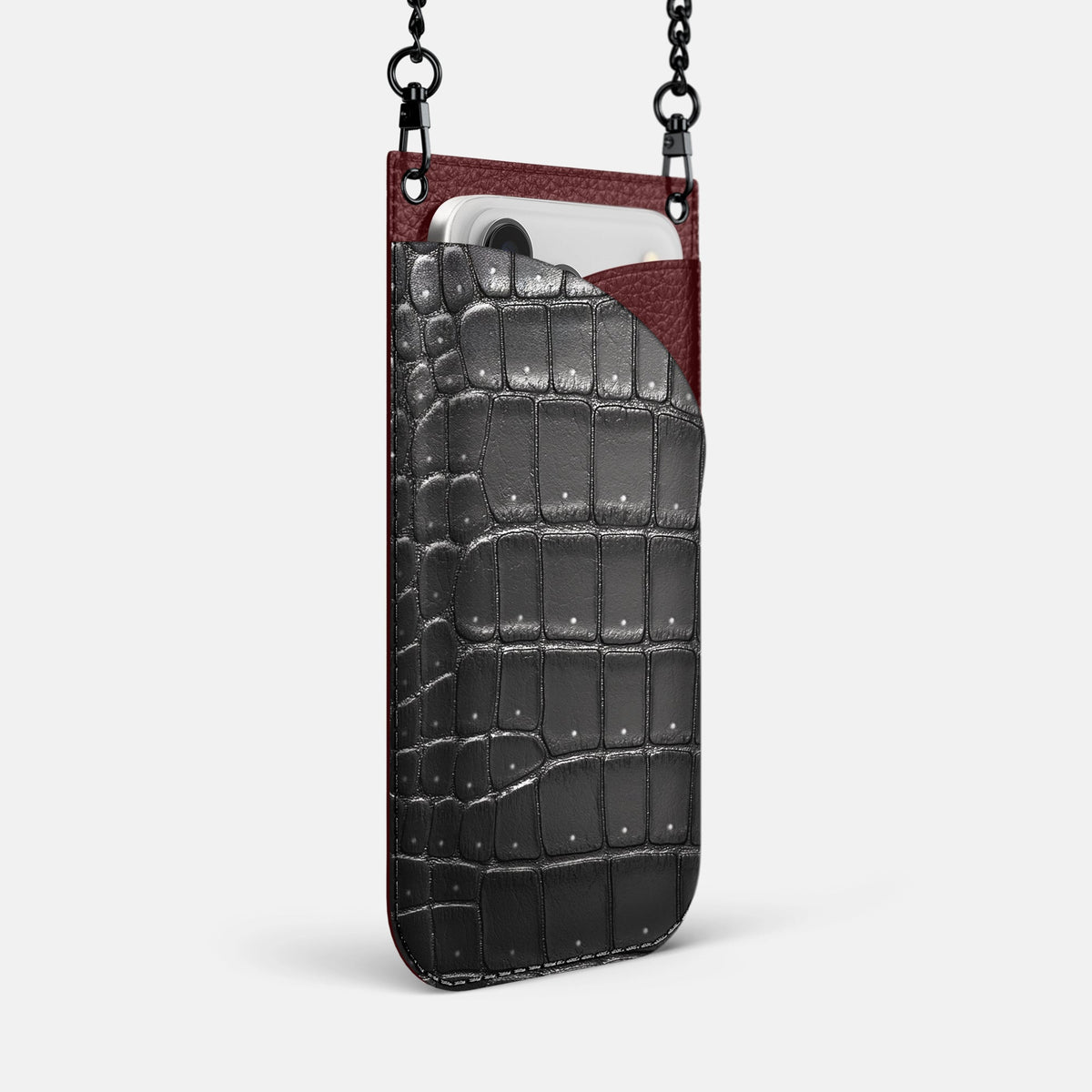 Crossbody Bag For iPhone 18 Pro Max In Porosus Crocodile -2 | Shiny-Black-Black