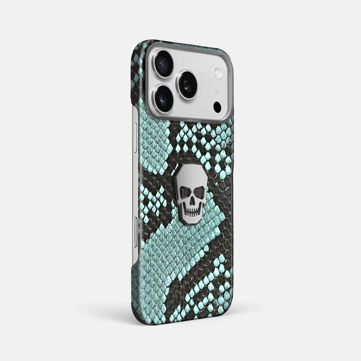 Classic Case With Titanium Skull For iPhone 18 Pro Max In Deluxe Python -2 | Blue-Lagoon-Steel