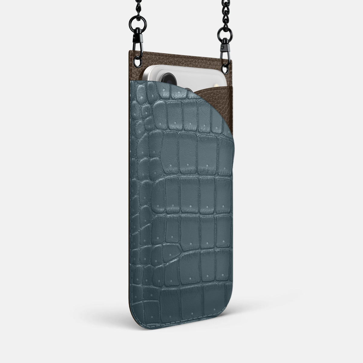 Crossbody Bag For iPhone 18 Pro Max In Porosus Crocodile -2 | Denim-Black