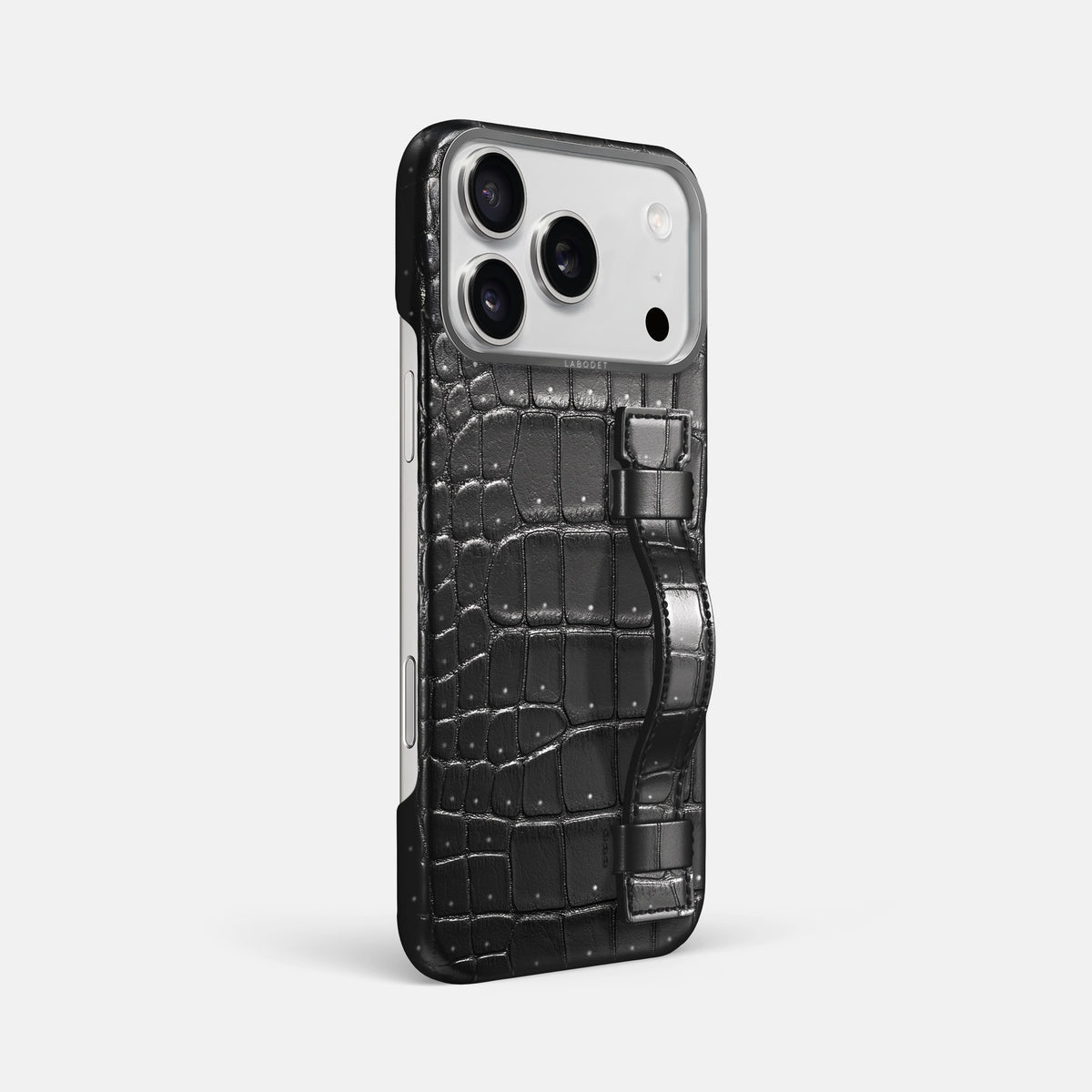 Handle Case For iPhone 17 Pro Max In Porosus Crocodile -2 | Shiny-Black-Steel