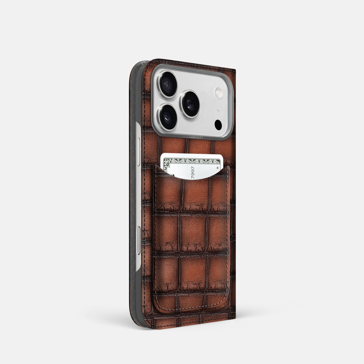Folio Case with Card For iPhone 18 Pro In Patina Alligator -1 | Baobab-Steel