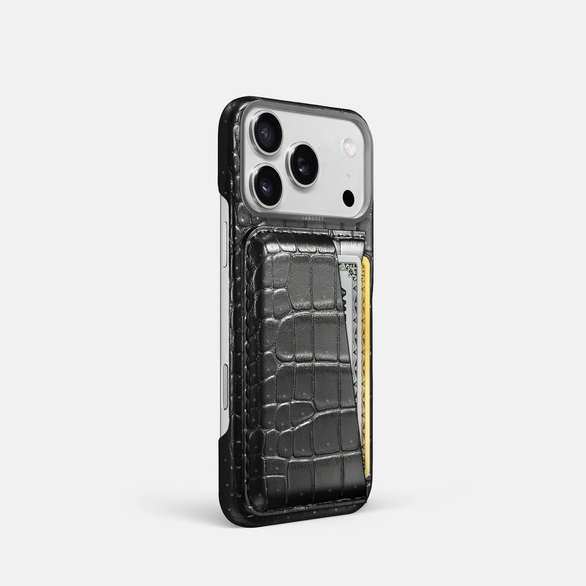 Double Card Case For iPhone 17 Pro In Porosus Crocodile -2 | Shiny-Black-Steel