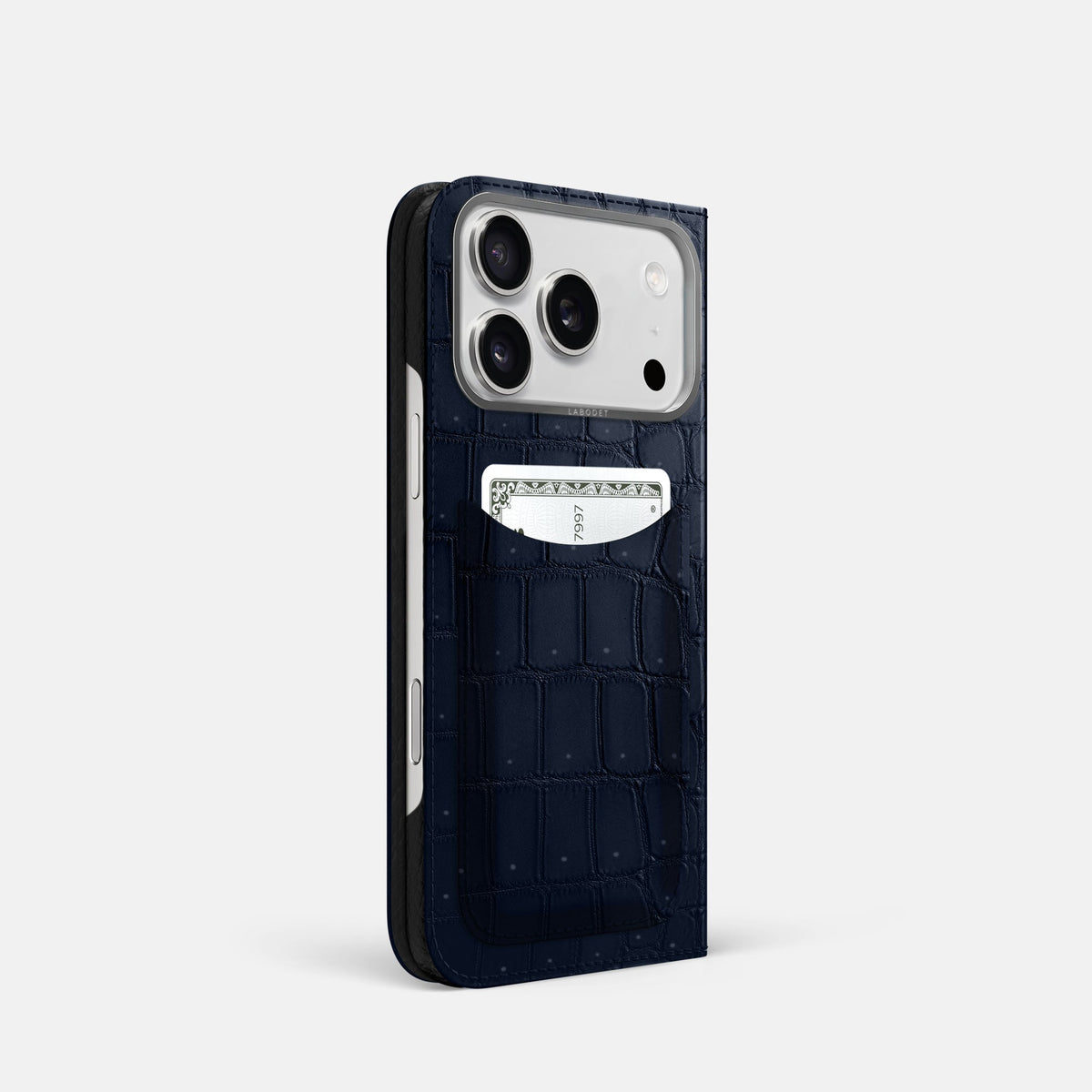 Folio Case with Card For iPhone 18 Pro In Porosus Crocodile -1 | Deep-Blue-Sea-Steel
