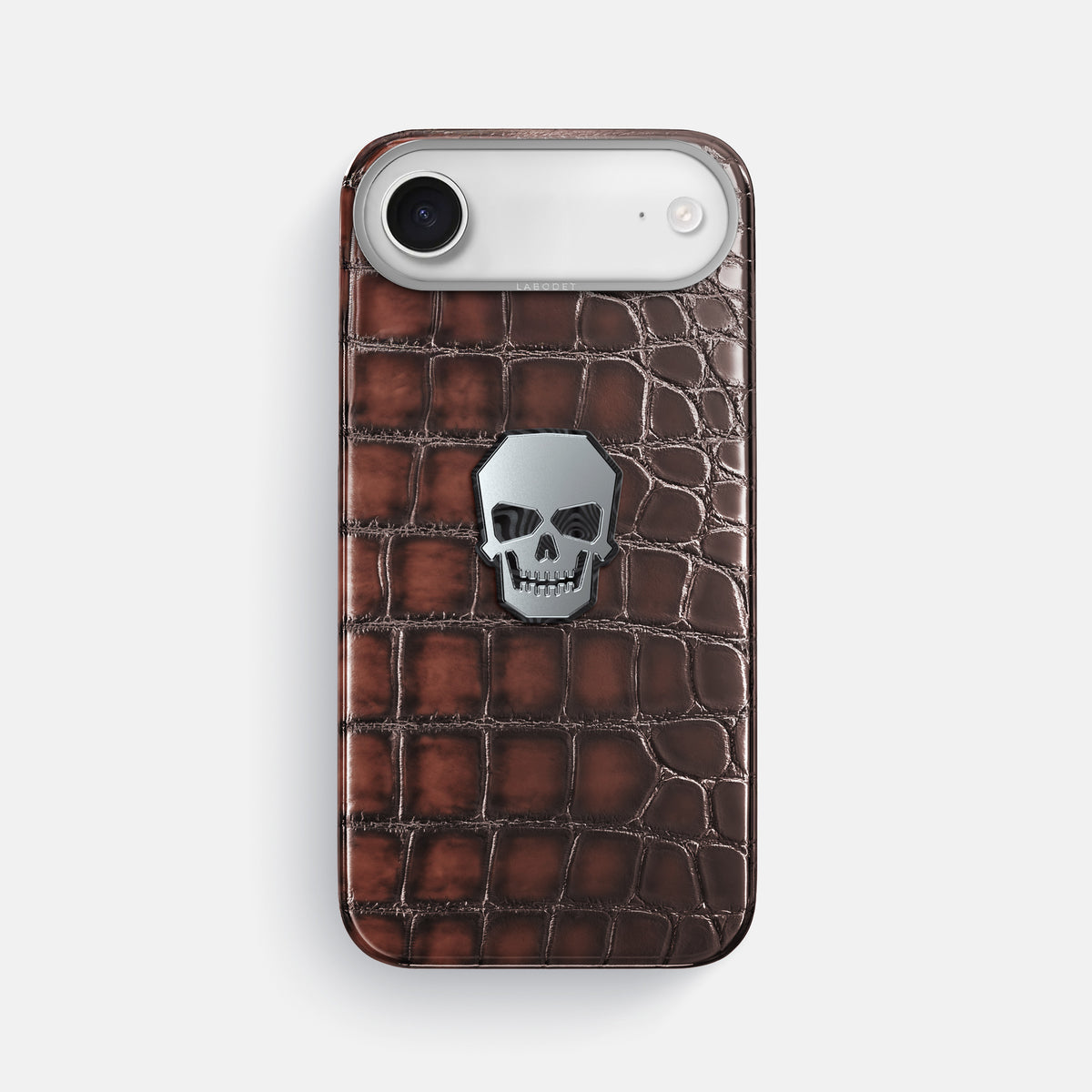 Classic Case With Titanium Skull For iPhone 17 Air In Patina Alligator -1 | Havana-Brown-Steel