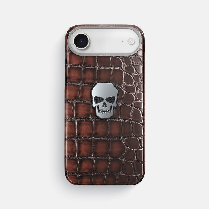 Classic Case With Titanium Skull For iPhone 17 Air In Patina Alligator -1 | Havana-Brown-Steel