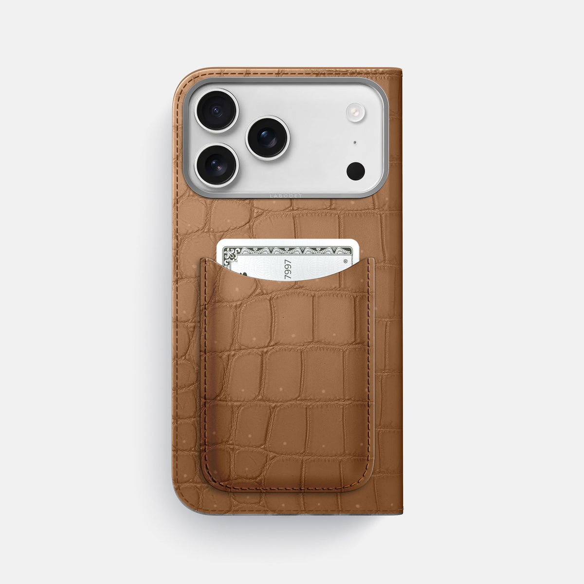 Folio Case with Card For iPhone 18 Pro Max In Porosus Crocodile -3 | Milk-Chocolate-Steel