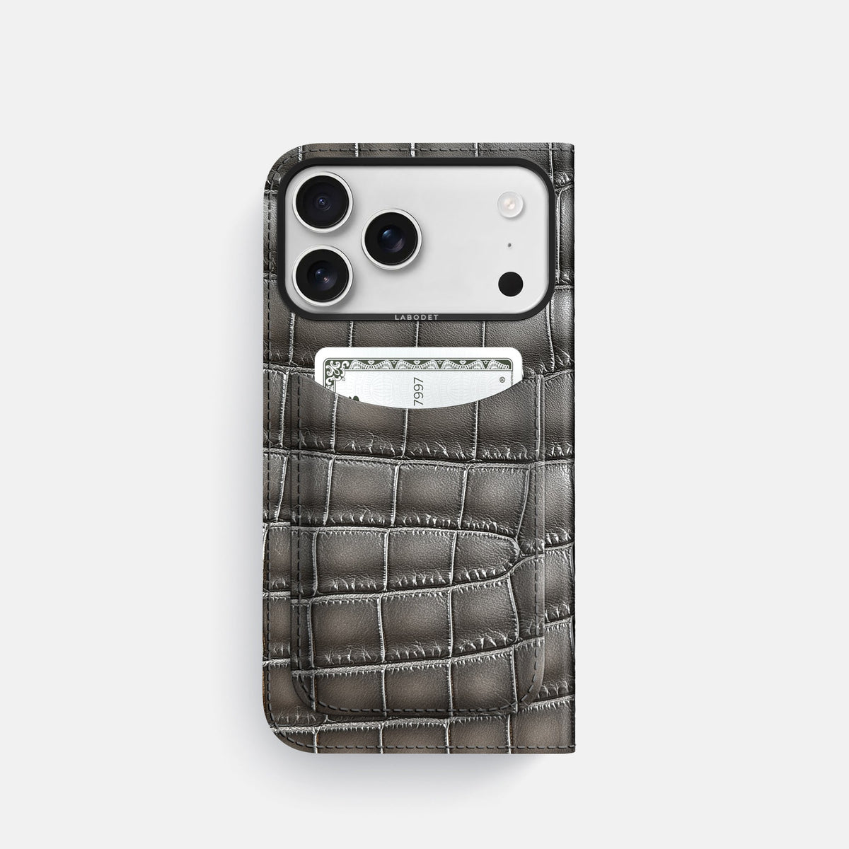 Folio Case with Card For iPhone 18 Pro In Patina Alligator -3 | Grey-Black