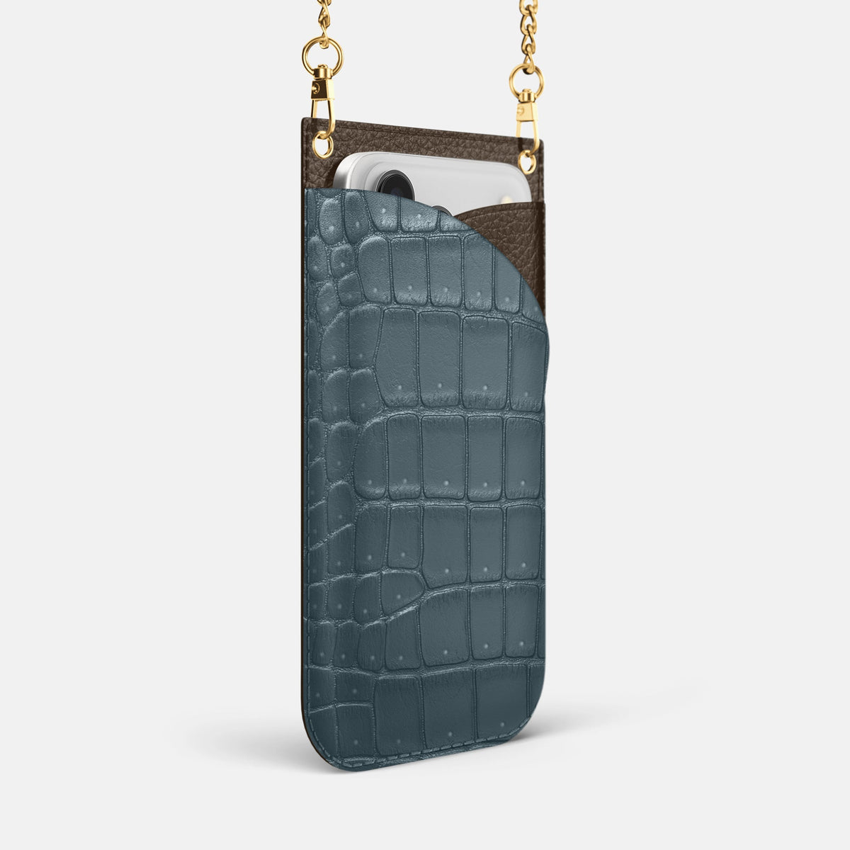 Crossbody Bag For iPhone 18 Pro Max In Porosus Crocodile -2 | Denim-Gold