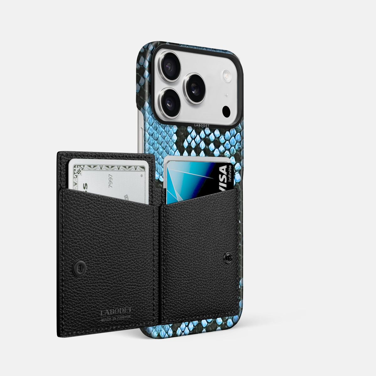 Bi-Fold Case For iPhone 18 Pro Max In Deluxe Python -2 | Pacific-Blue-Black