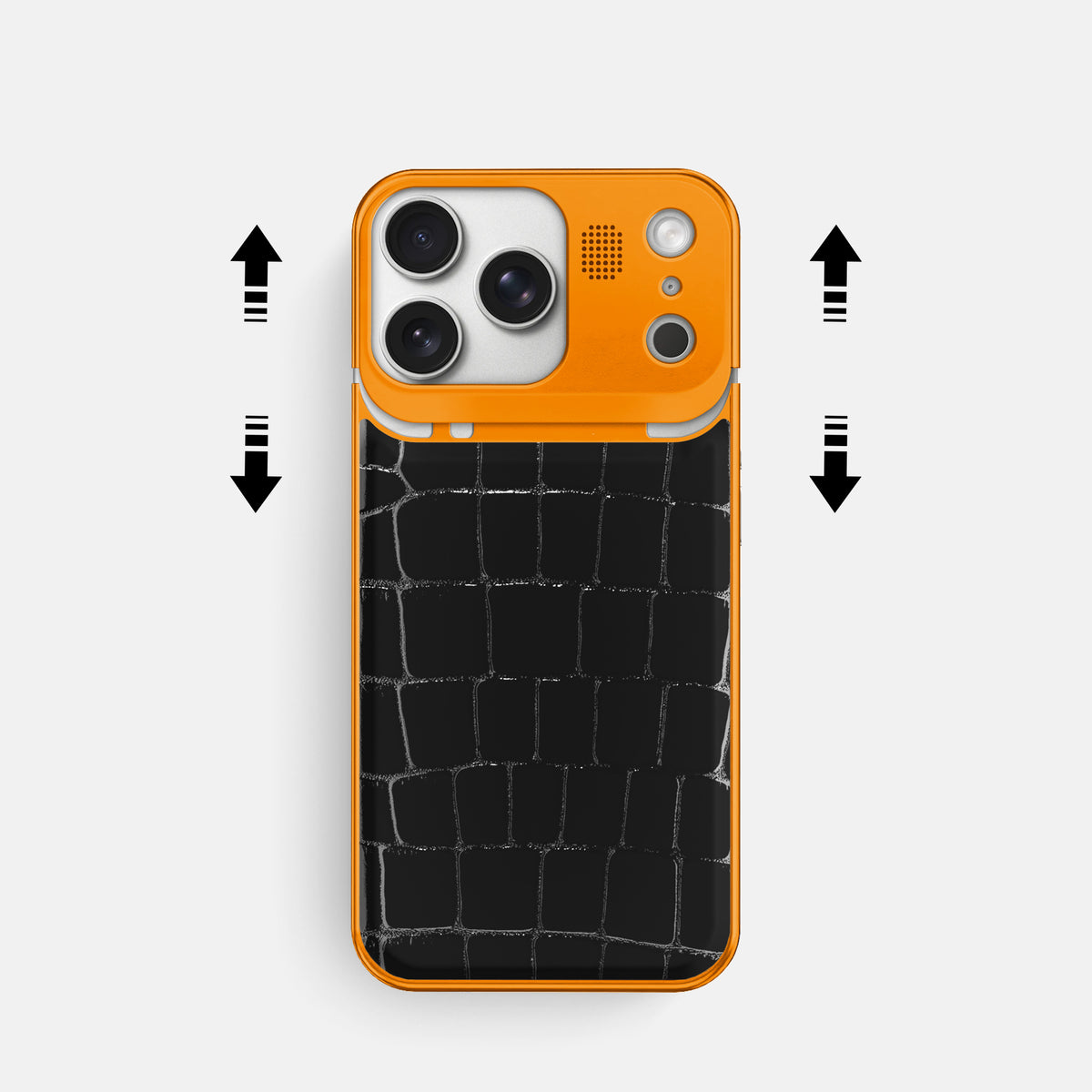 Metal Case For iPhone 17 Pro In Shiny Alligator -2 | Black-Orange