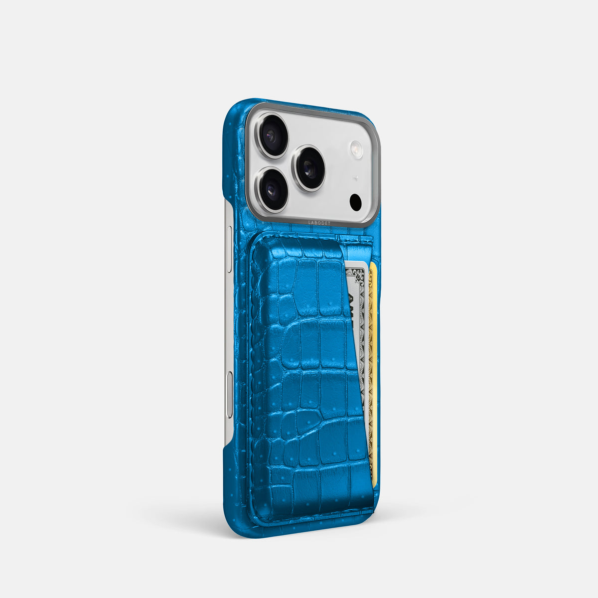 Double Card Case For iPhone 17 Pro In Porosus Crocodile -2 | Blue-Lagoon-Steel